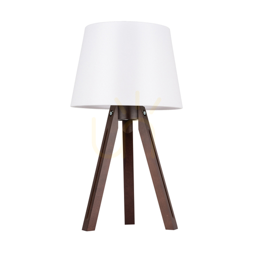 Kontrola Stolní lampa na trojnožce, 1xE27, Max. 40 W, bukové a ořechové dřevo / průhledný PVC kabel / bílý stínidlo, Ø 30 cm