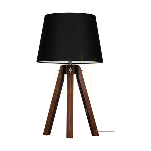 Kontrola Stolní lampa na trojnožce, 1xE27, Max. 40 W, bukové a ořechové dřevo / průhledný PVC kabel / černý stínidlo, Ø 30 cm