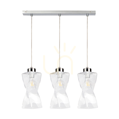 Kontrola Závěsné svítidlo Twist, 3xE27, Max. 25 W, chromovaný kov / průhledný PVC kabel / průhledný skleněný stínidlo, 52 cm