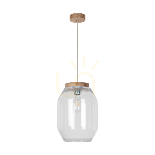 Kontrola Závěsné svítidlo Vaso, 1xE27, max.. 60 W, olejovaný dub / průhledný PVC kabel / průhledný skleněný stínidlo Ø 24 cm