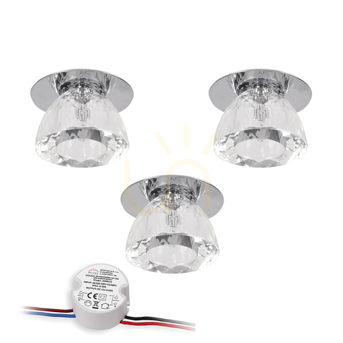 Kontrola Sada stropních svítidel Cristaldream, obsahuje 3 LED žárovky G4 (max.. 2,3 W), chromovaný kov/průhledné sklo, včetně napájecího zdroje, Ø 8 cm