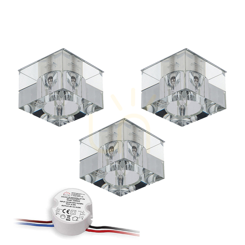 Kontrola Sada stropních svítidel Cristaldream, obsahuje 3 LED žárovky G4 (max.. 2,3 W), chromovaný kov/průhledné sklo, včetně napájecího zdroje, 7 cm