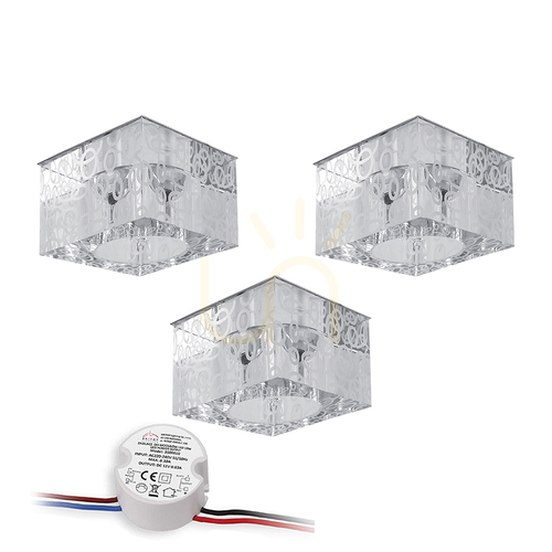 Kontrola Sada stropních svítidel Cristaldream, obsahuje 3 LED žárovky G4 (max.. 2,3 W), chromovaný kov/průhledné sklo, včetně napájecího zdroje, 7 cm
