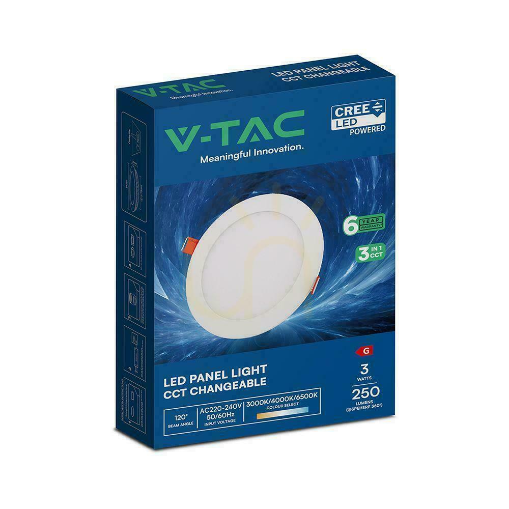 Kontrola V-TAC PRO SLIM 3W LED CREE CHIP zapuštěné bodové svítidlo, kulaté, 84 × 12 mm, VT-307CCT, 250 lm, 6letá záruka V-TAC PRO SLIM 3W LED CREE CHIP zapuštěné bodové svítidlo, kulaté, 84 × 12 mm, VT-307CCT, 250 lm, 6letá záruka