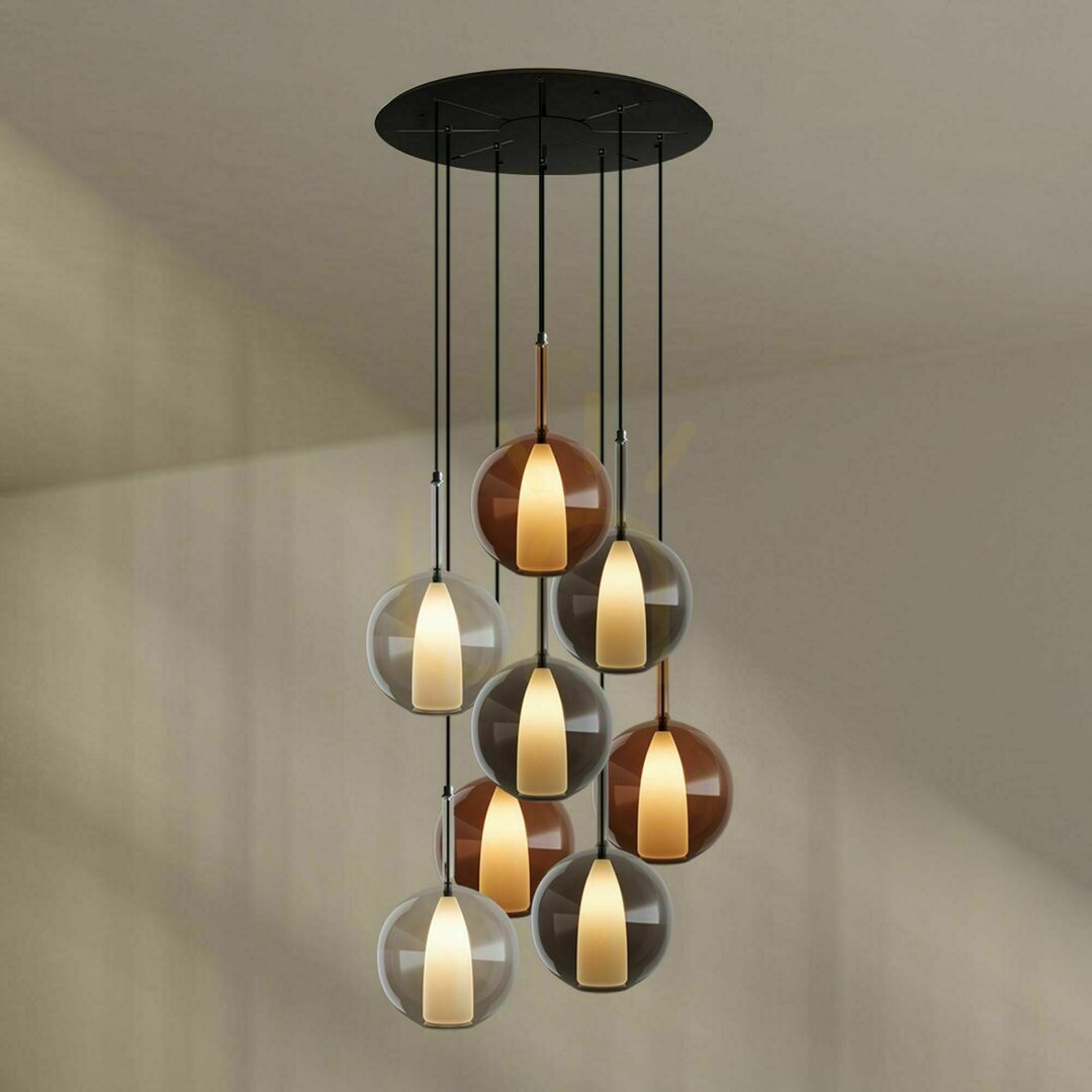 Pohled Závěsný lustr s.luce Belluna, 8× E27, vícebarevný, sklo a kov, výška 500 cm Závěsný lustr s.luce Belluna, 8× E27, vícebarevný, sklo a kov, výška 500 cm