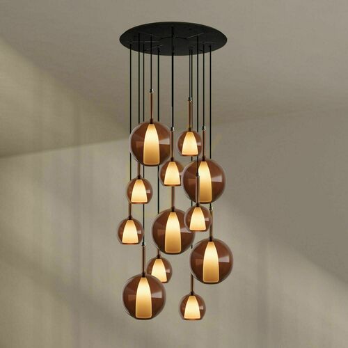 Kontrola Závěsný lustr s.luce Belluna, 12 světel, hnědý, sklo a kov