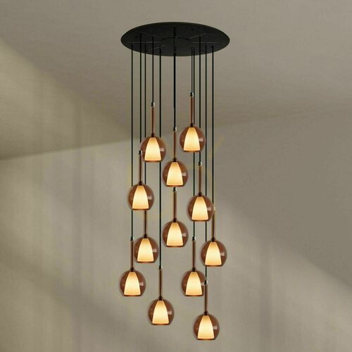 Kontrola Závěsný lustr s.luce Belluna, hnědý, sklo a kov, 12× E14, stropní rozeta Ø 80 cm