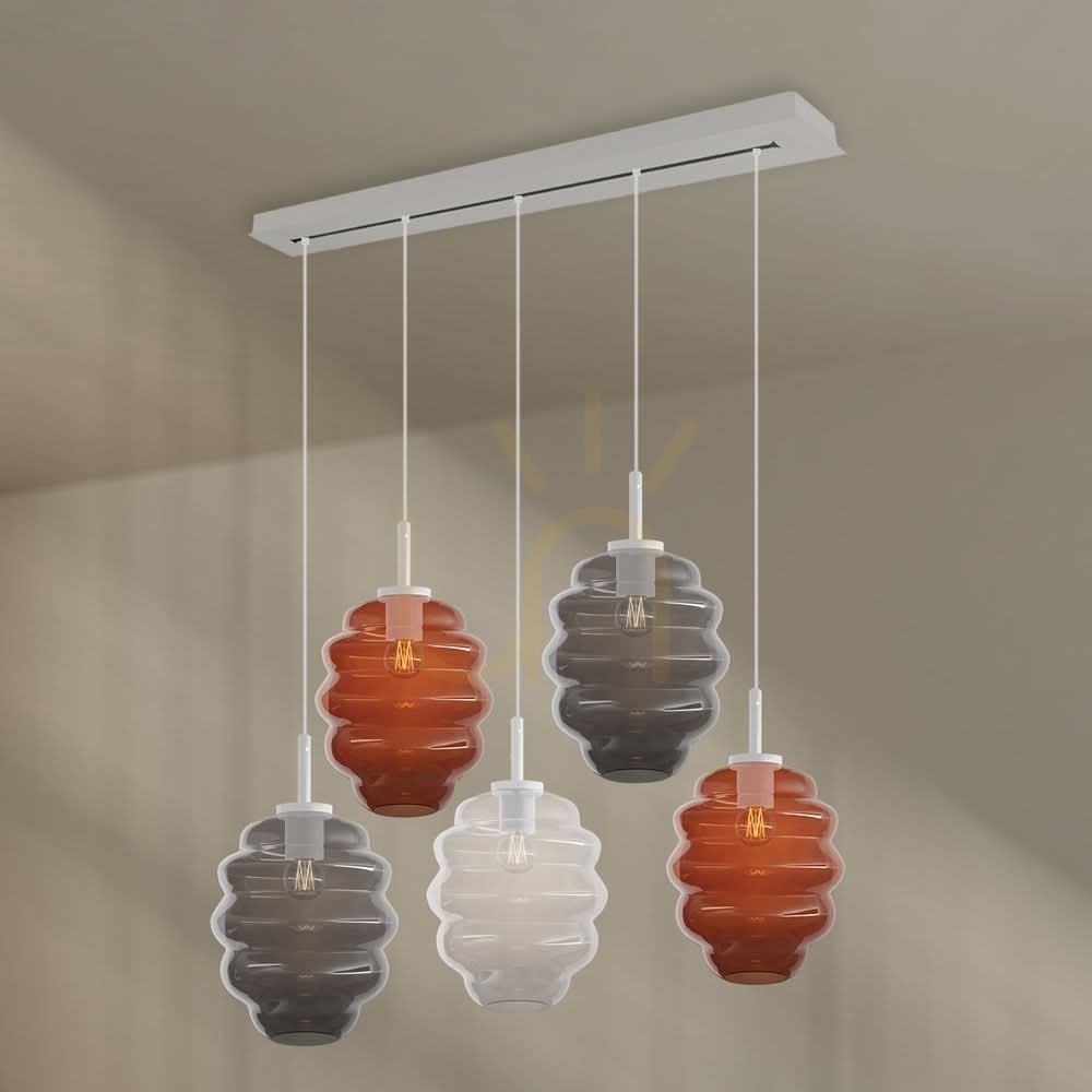 Náhled Závěsný lustr s.luce Echos, 5× E27, vícebarevné sklo, délka 160 cm, stínítka Ø 25 cm Závěsný lustr s.luce Echos, 5× E27, vícebarevné sklo, délka 160 cm, stínítka Ø 25 cm