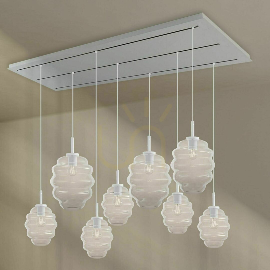 Zobrazit Závěsné svítidlo s.luce Echos, 8× E27, 200 cm, 3 řady, vícebarevné sklo Závěsné svítidlo s.luce Echos, 8× E27, 200 cm, 3 řady, vícebarevné sklo