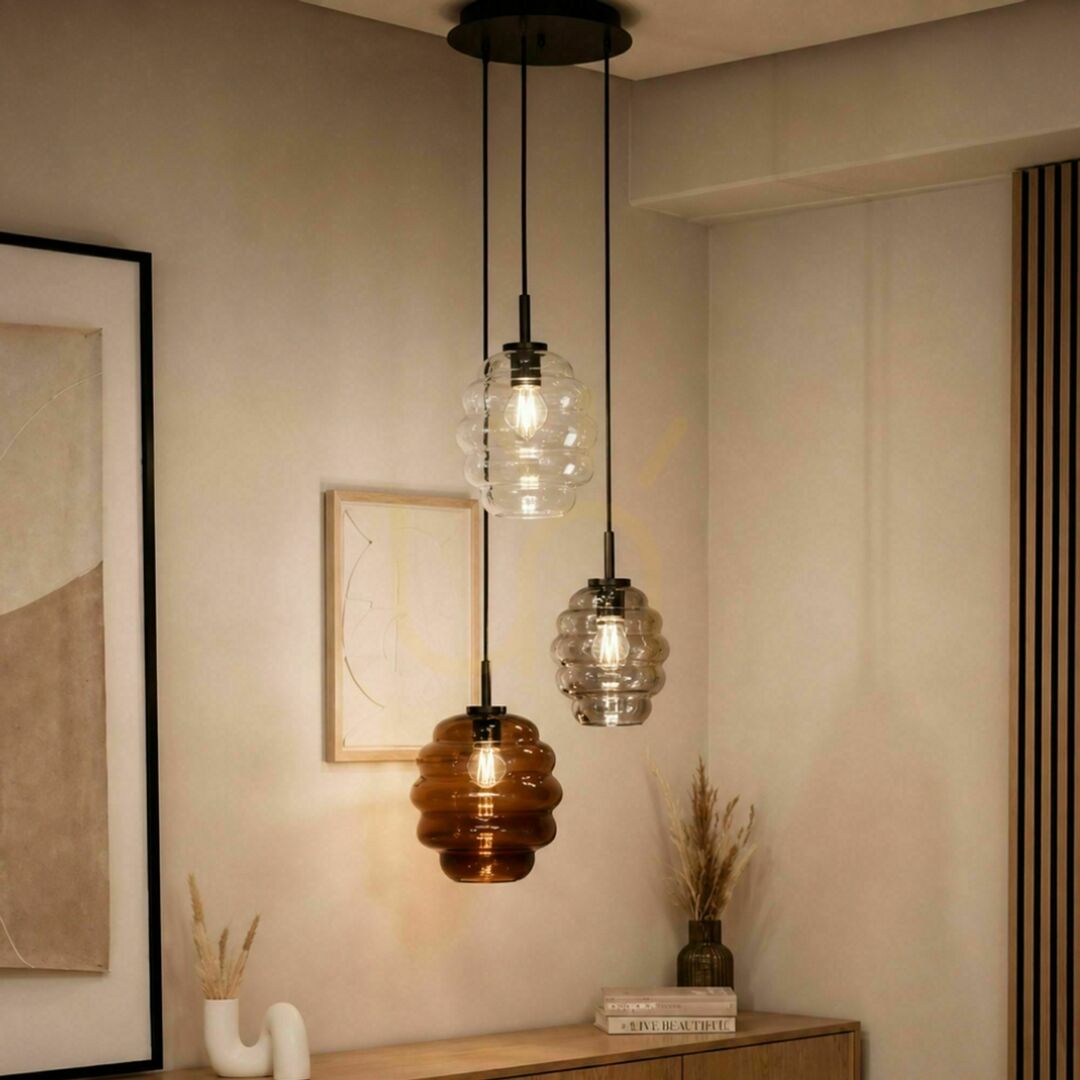Pohled Závěsné svítidlo s.luce Echos Gallery, 3× E27, vícebarevné sklo Závěsné svítidlo s.luce Echos Gallery, 3× E27, vícebarevné sklo