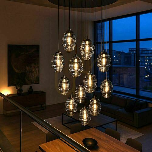 Kontrola Závěsný lustr s.luce Echos, 12× E27, čiré sklo, průměr stínidel 25 cm
