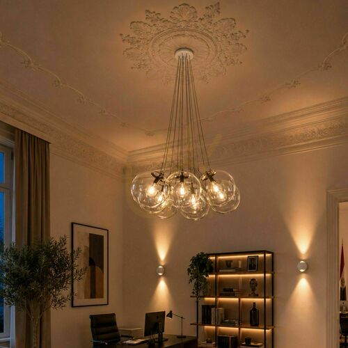 Kontrola Závěsné svítidlo s.luce Orb, 7× E27, kouřové sklo, stínítka Ø 30 cm
