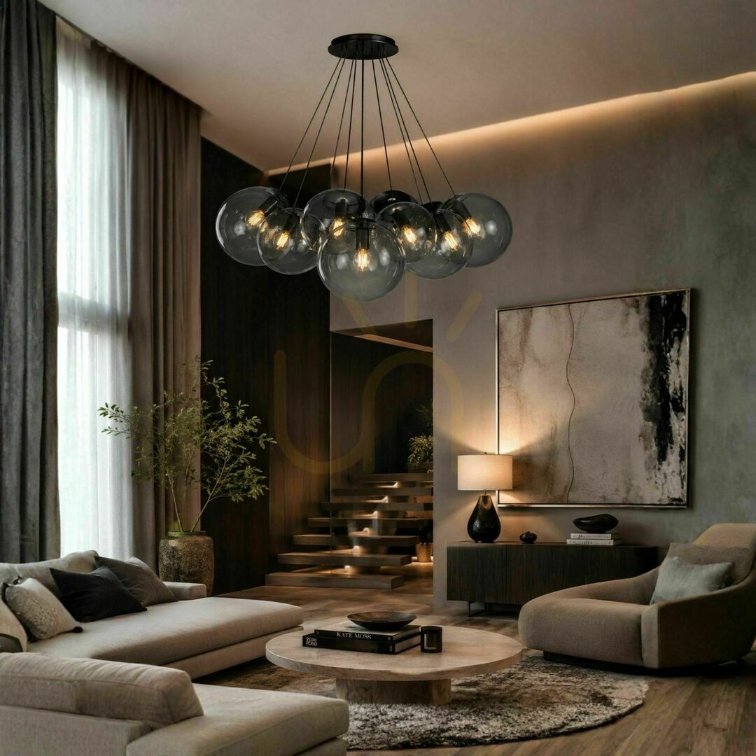 Kontrola Závěsné svítidlo s.luce Orb, kouřové sklo, 13× E27, koule Ø 30 cm Závěsné svítidlo s.luce Orb, kouřové sklo, 13× E27, koule Ø 30 cm