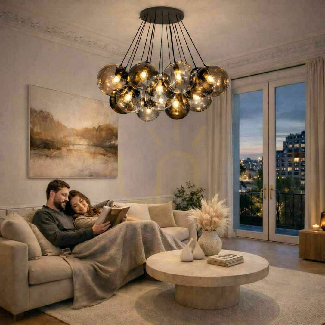 Pohled Závěsné svítidlo s.luce Orb, hnědé sklo, 13× E27, Ø 30 cm Závěsné svítidlo s.luce Orb, hnědé sklo, 13× E27, Ø 30 cm