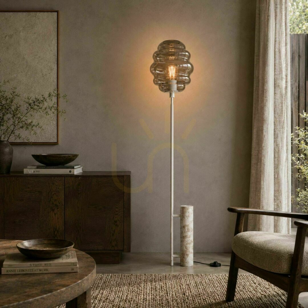Kontrola Stojací lampa s.luce Echos, travertin a kouřové sklo, 188 cm, E27 Stojací lampa s.luce Echos, travertin a kouřové sklo, 188 cm, E27