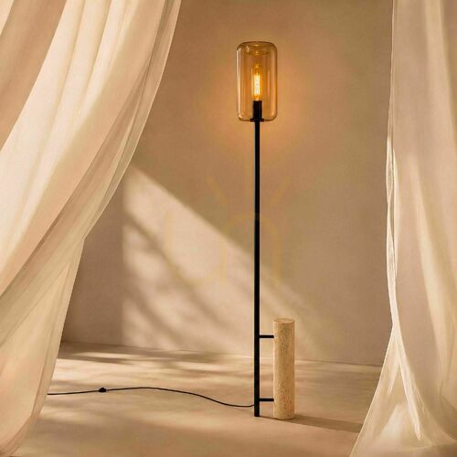 Kontrola Stojací lampa s.luce Cruet, travertin, černá, jantarové sklo, 190 cm, E27