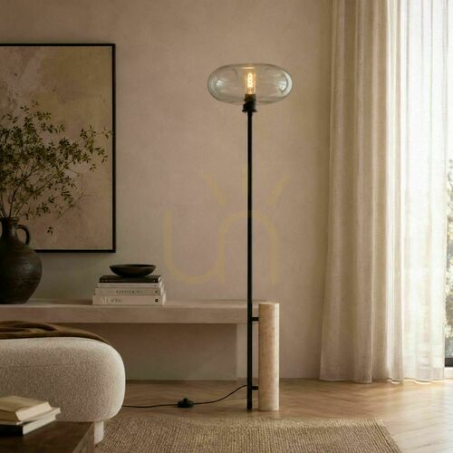 Kontrola Stojací lampa s.luce Cruet, černá, travertin a čiré sklo, 190 cm, E27